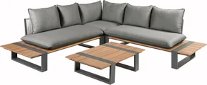Tuinmeubel set met grijze kussens en hout